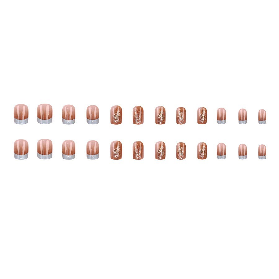 48 Pcs Grey French Gold Foil Press on Nails, Short Square Nude Daily Fake Nails
