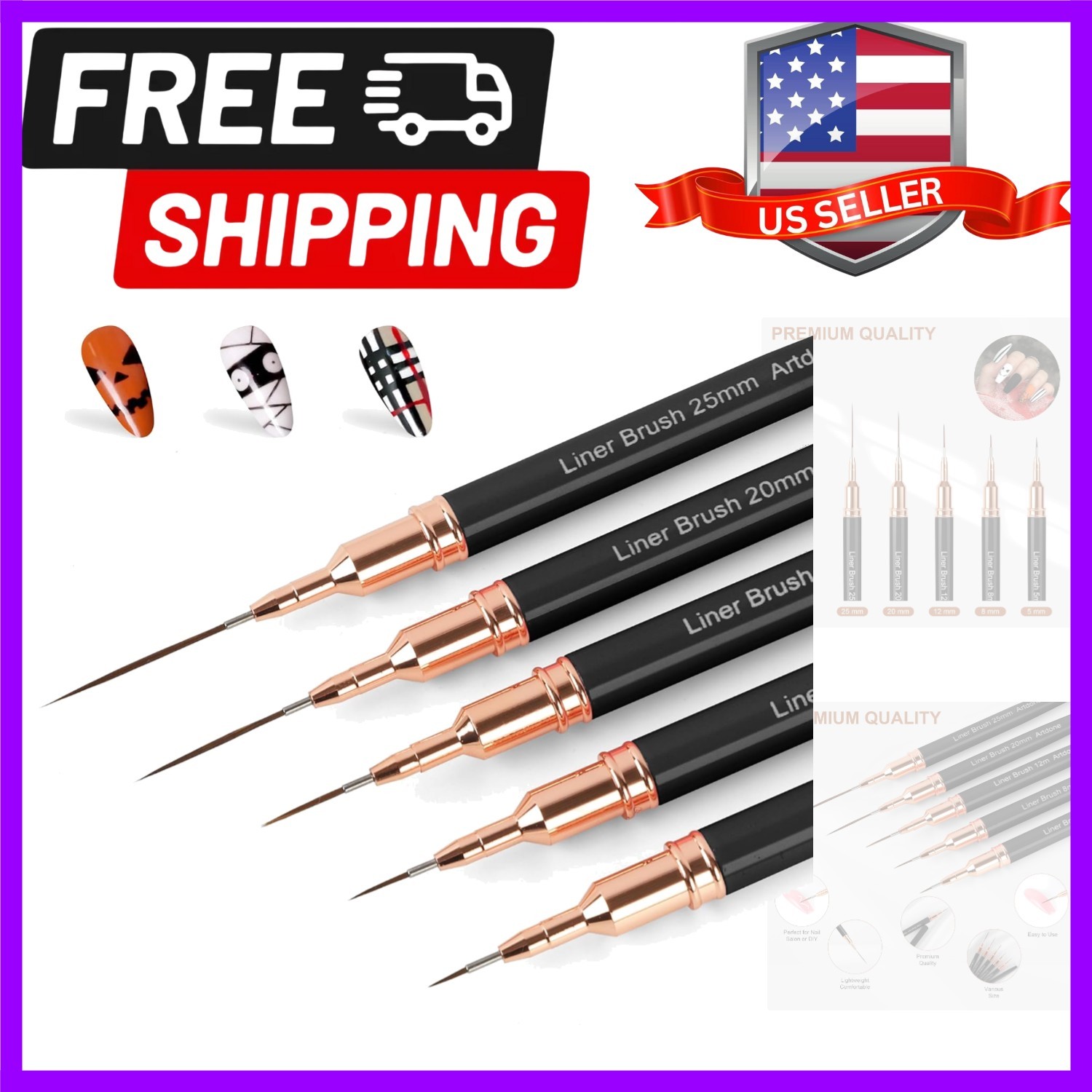 Metallic Nail Art Pens, Liner Brushes Set, 5PCS Black Color Nail Tools For Lo…