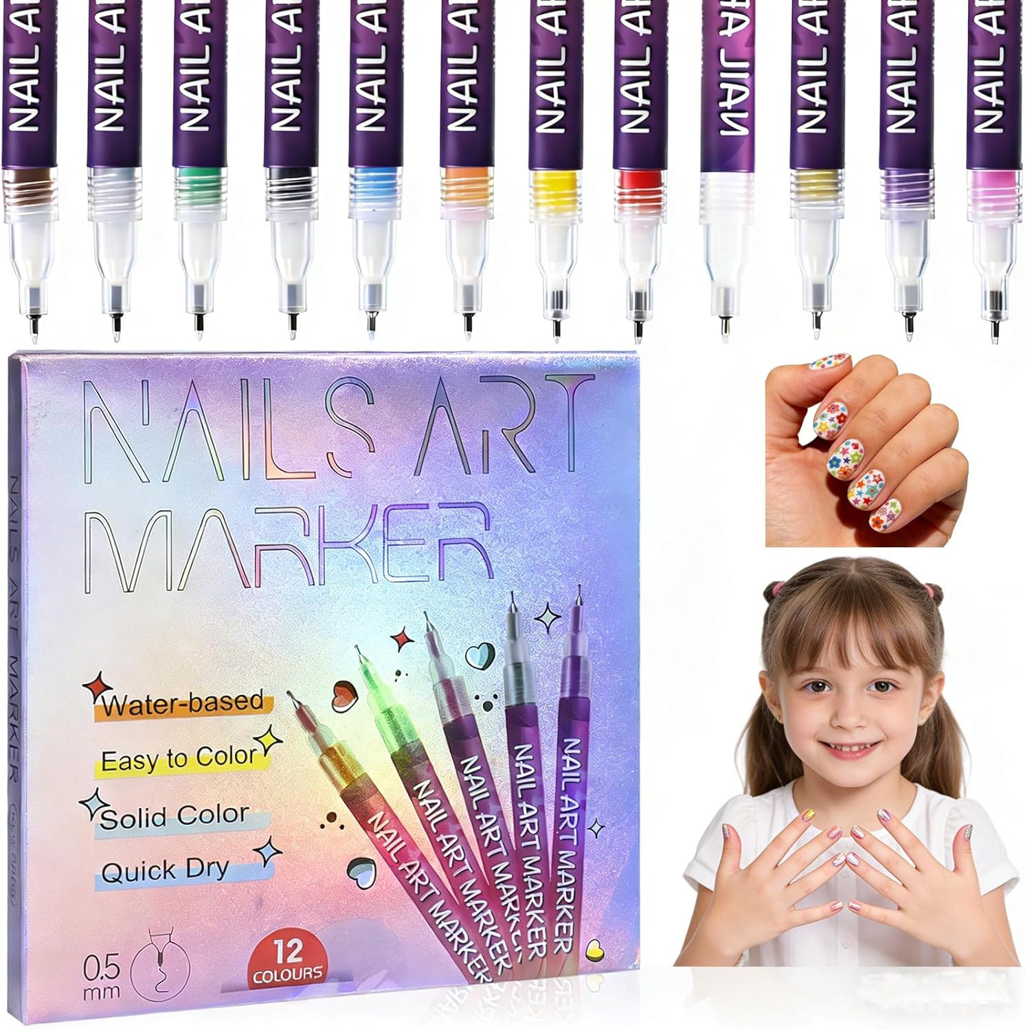 12 Colors Nail Art Pens Set for Painting Nail,Nail Art Markers for Kids Girls Wo