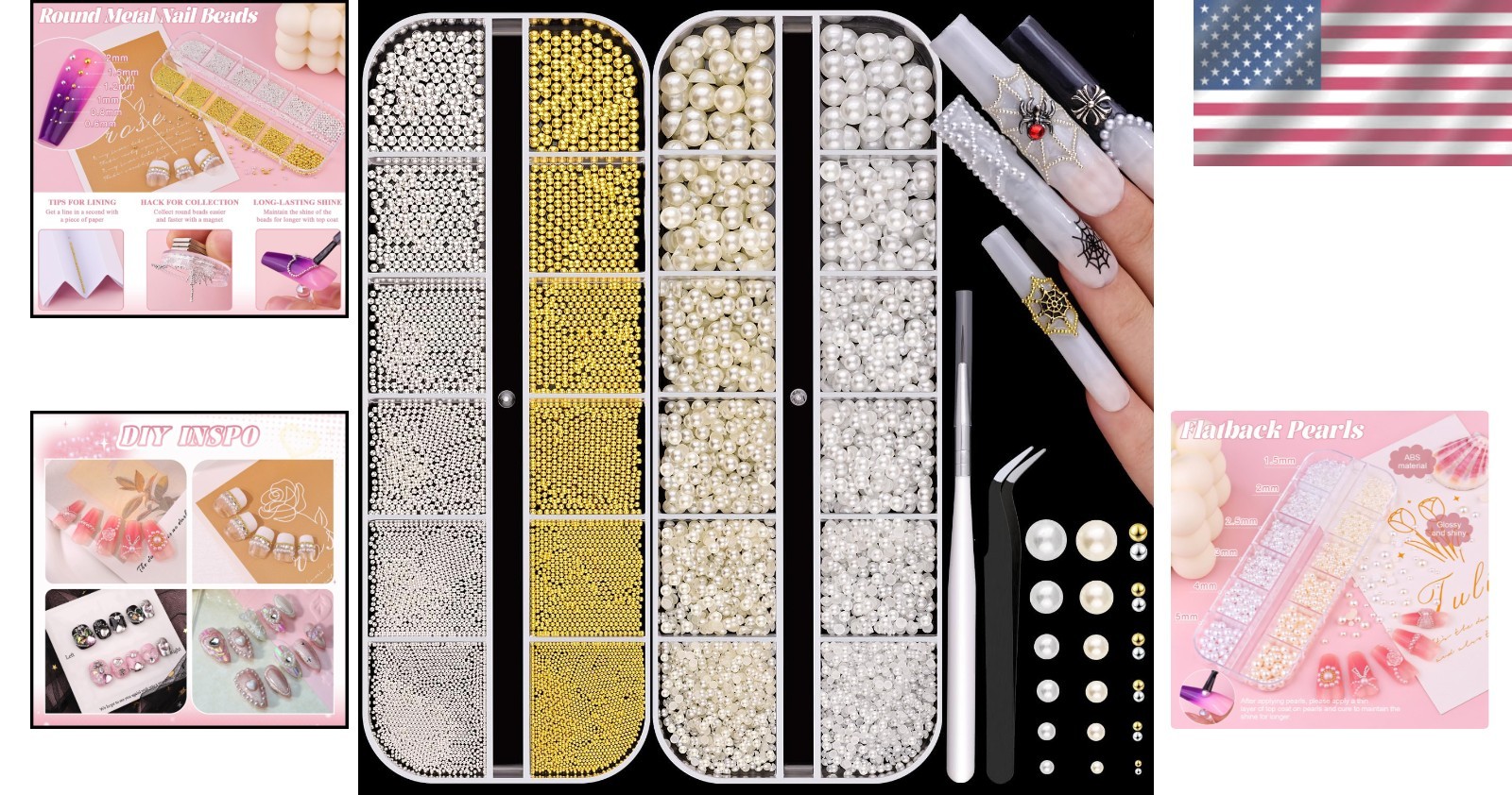 Luxurious Nail Art Set: Flatback Pearls & Metal Beads for Stunning Designs