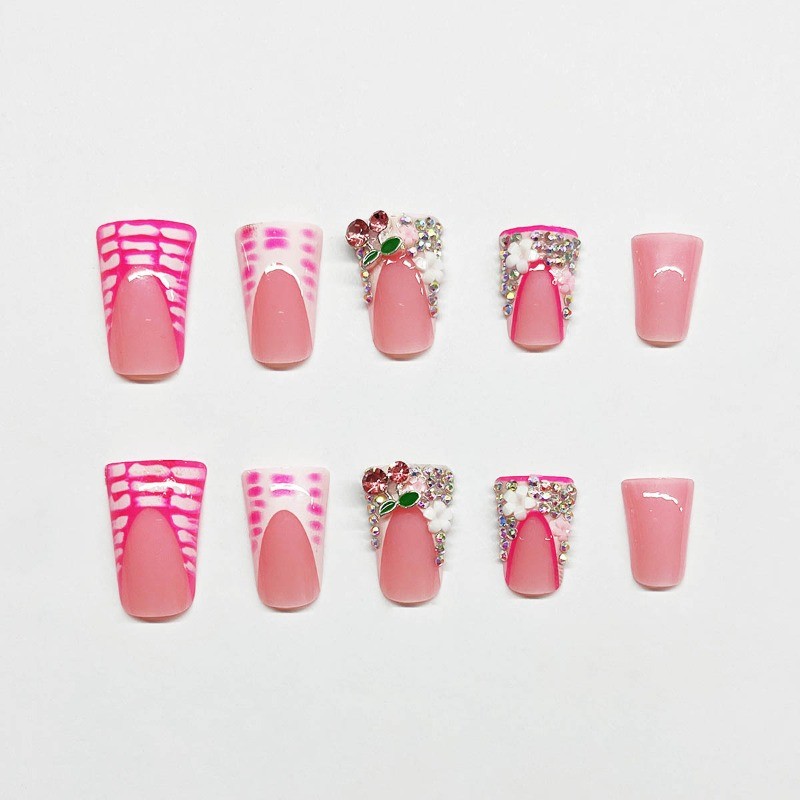 48pcs-Nude Pink Nails with White French Tips, Croc Print & Multicolor Crystals