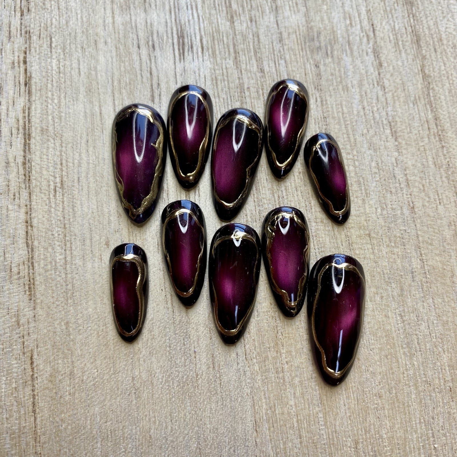 Molten Merlot Press On Nails | Burgundy Cat Eye Nails | Gold Chrome Outline