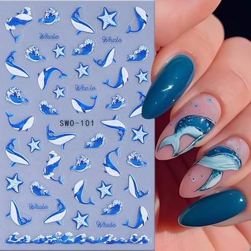 Summer Ocean Life Nail Art Sticker Decal 2Pcs 5D French Blue Polka Dot Fish