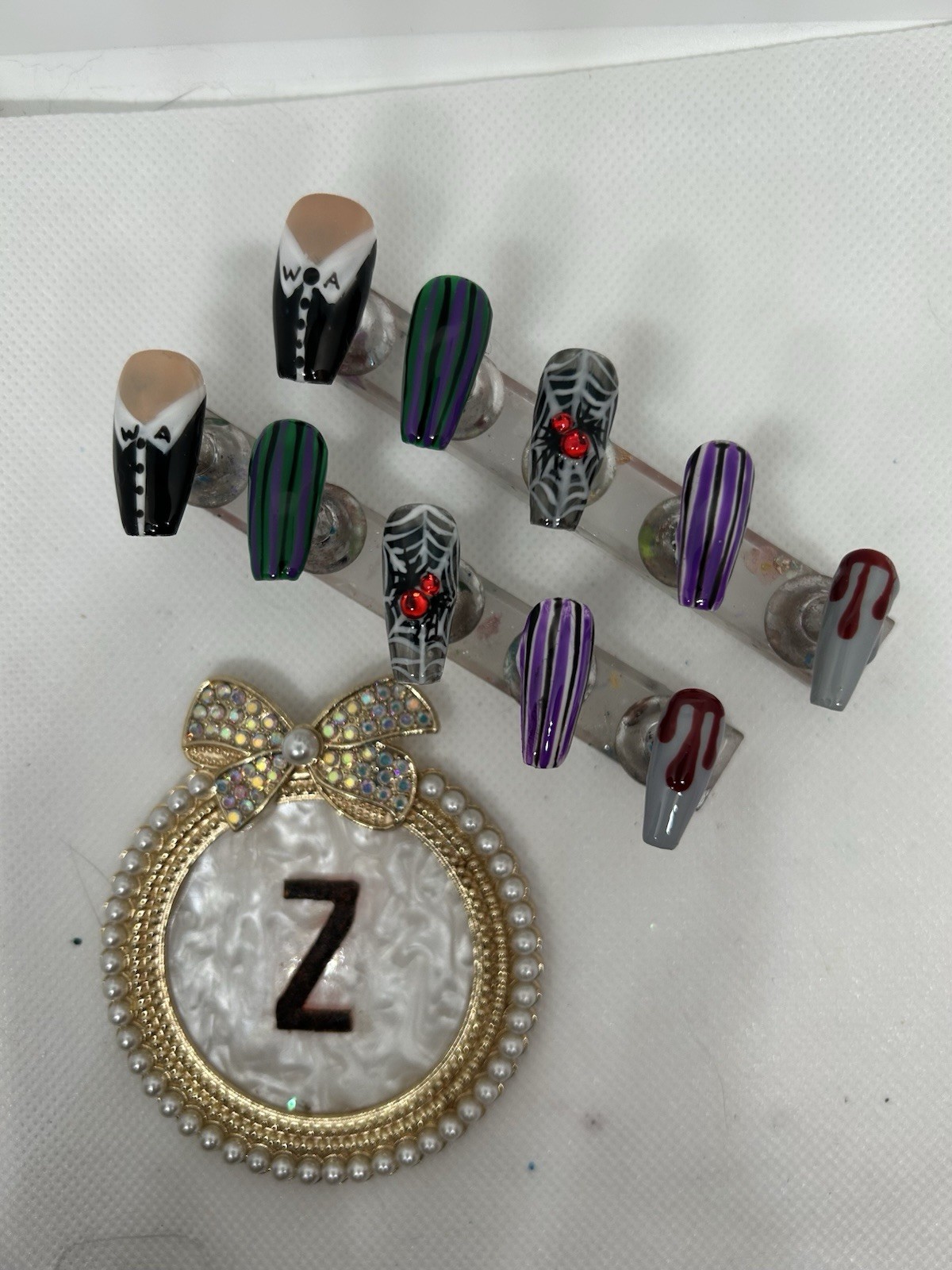 Z NAILZ! Handmade M Coffin Wednesday Adams Halloween Multicolor Press On Nails
