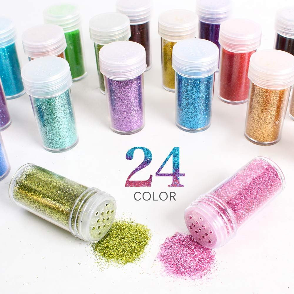 Extra Fine Glitter, Set of 24 Colors Nail Arts Face Hair Eye Lip Gloss Makeup Gl