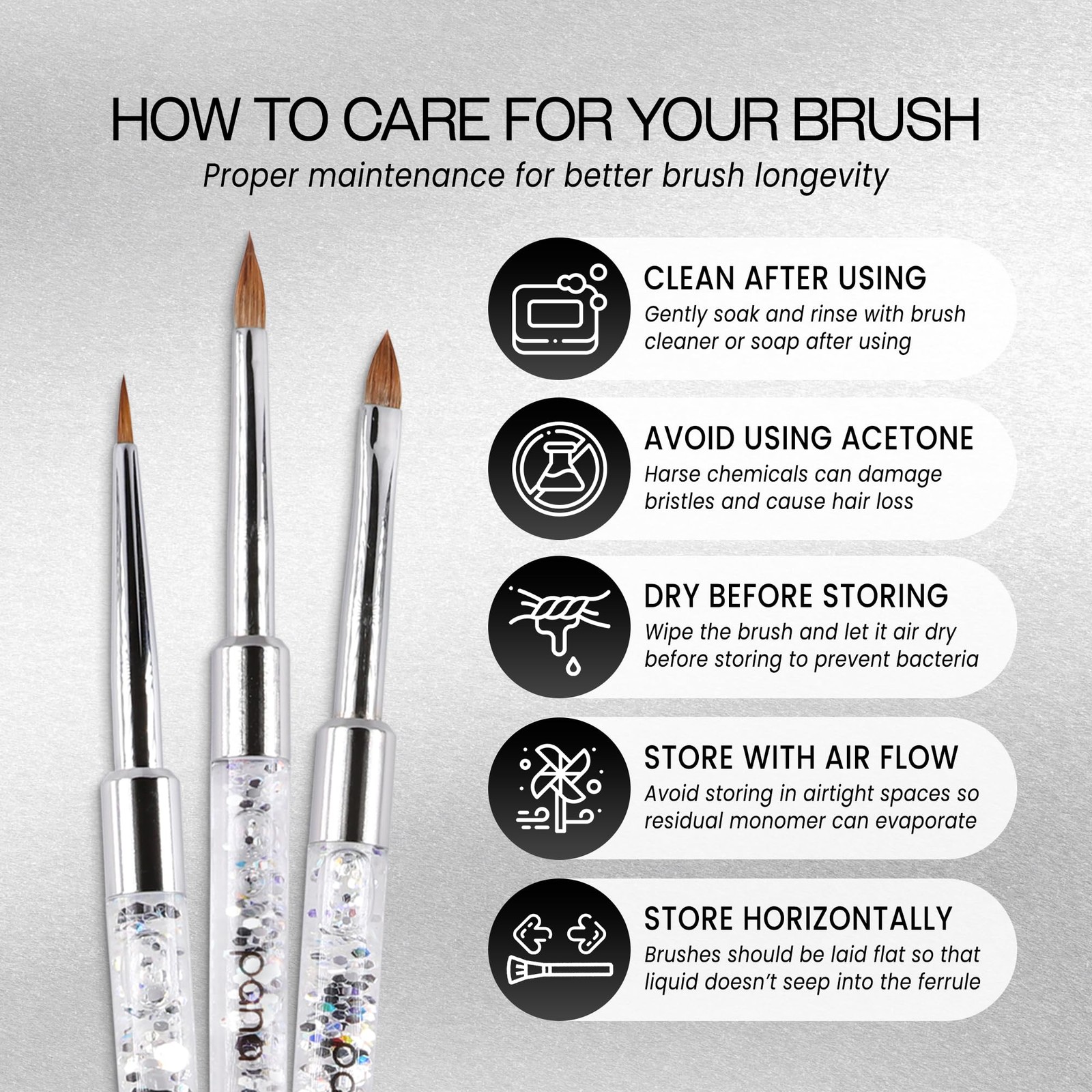 Glitter Silver 3D Nail Art Brush Size 5 Kolinsky Bristles for Detailing