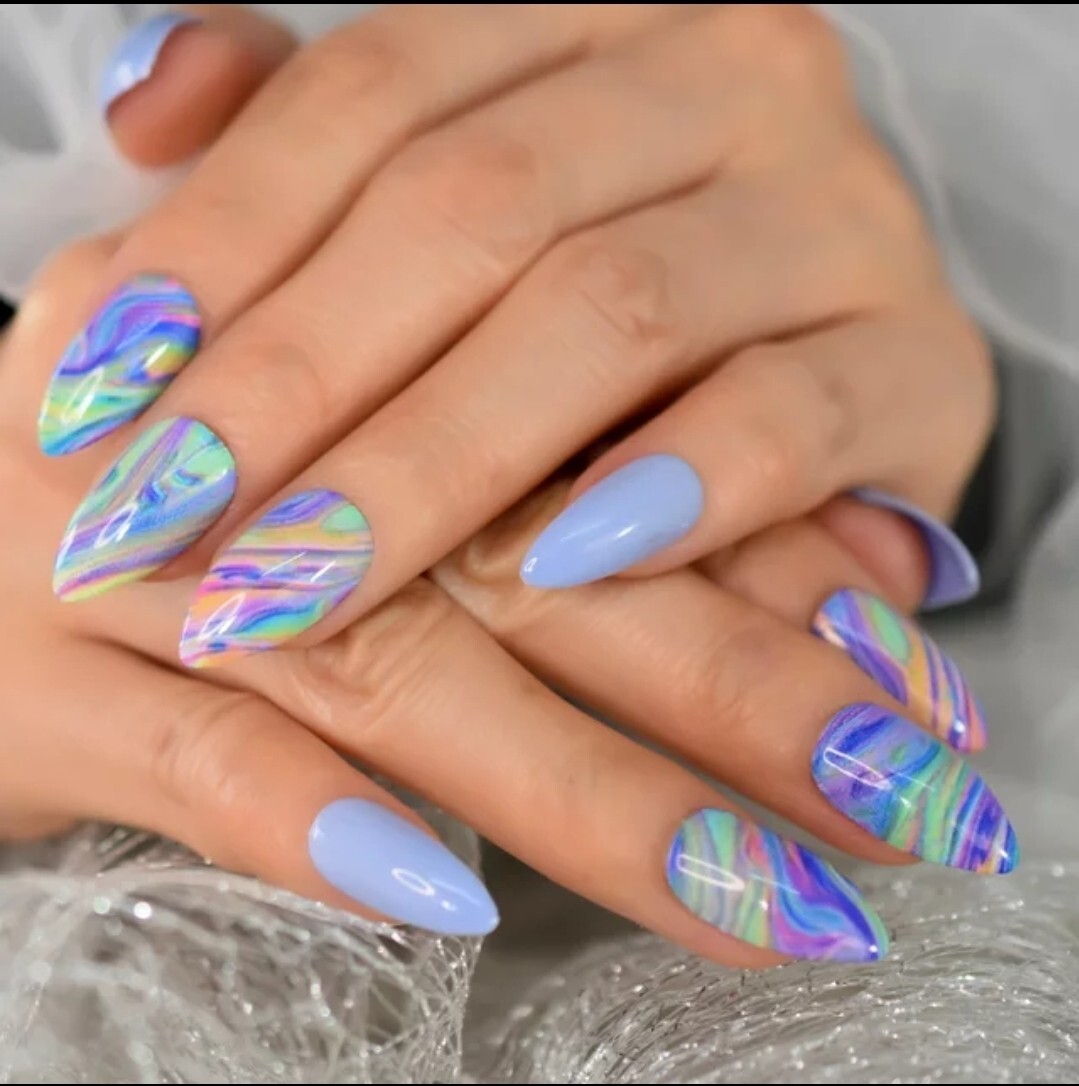 24 Periwinkle Purple Press On Nails Artsy Swirl pointed almond stiletto neon blu
