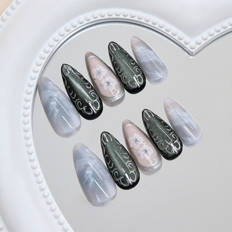 48p Dark Green Gradient Carved Nails,New Chinese Style Metal Line Press on Nails