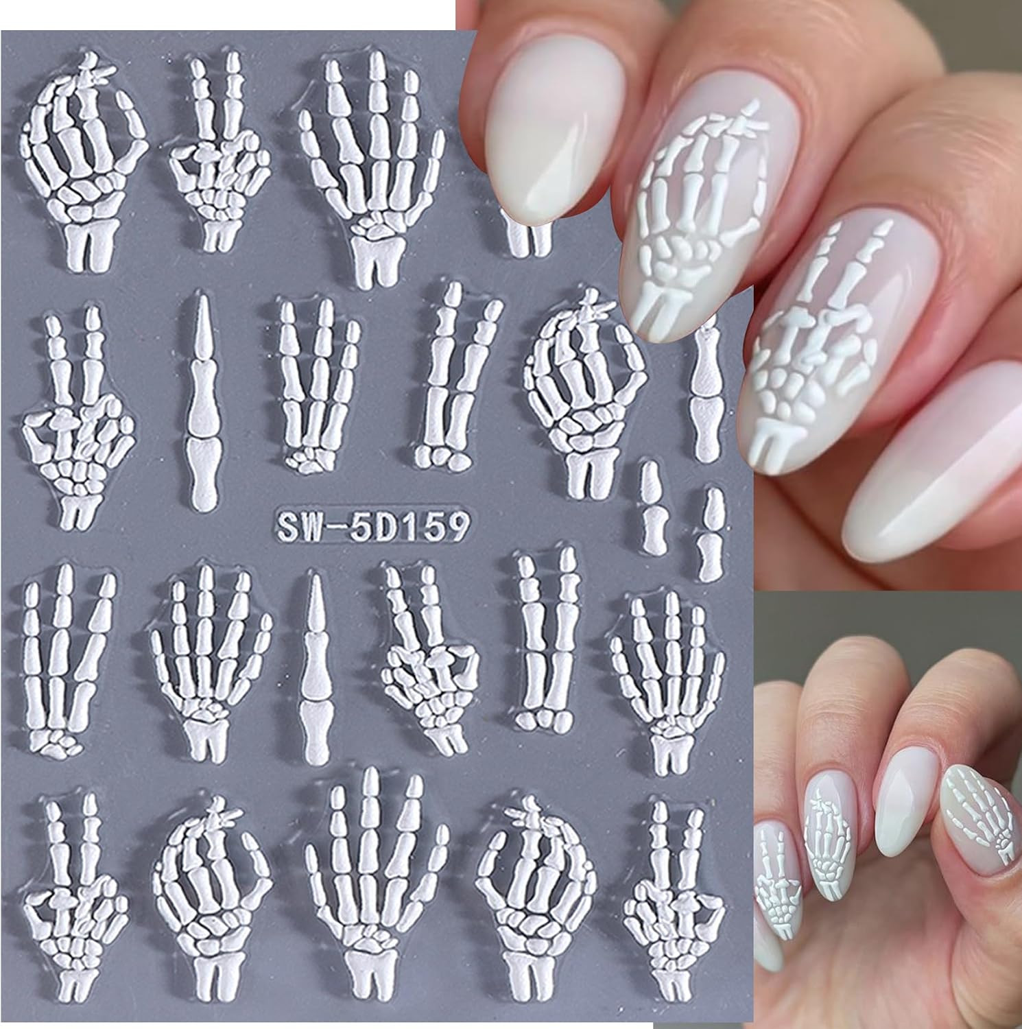 Gothic 5D Nail Art Stickers 10 PCS Embossed Skeleton Y2K Nail Decals Golden Rose