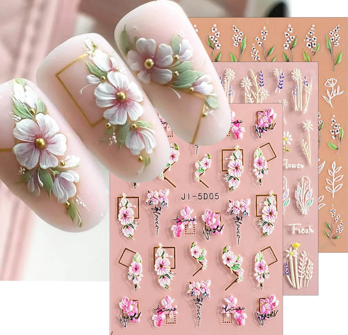 3D Embossed Flower Leaves Nail Art Stickers Decals 4 Sheets 5D Self-Adhesive Peg