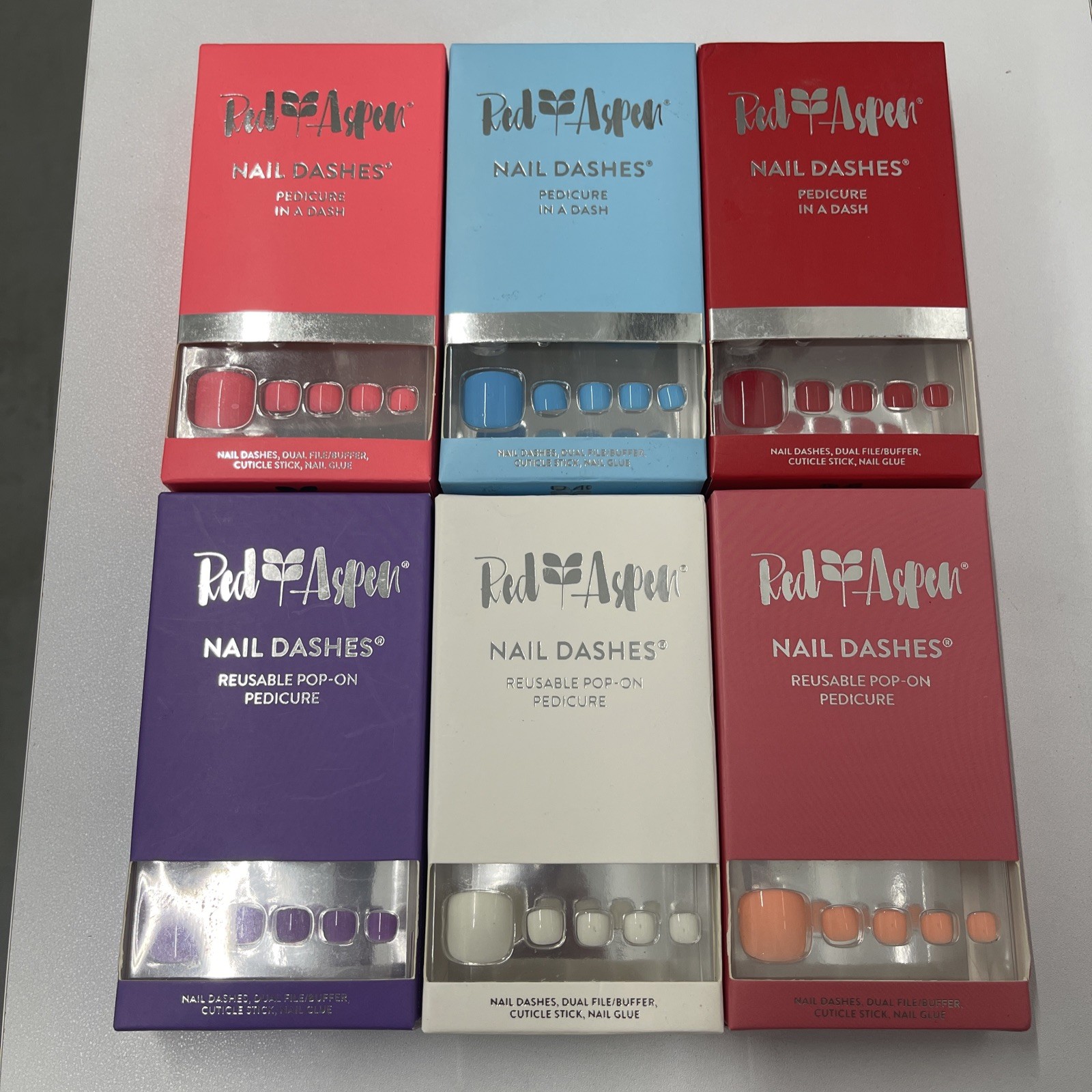 Red Aspen Nail Dashes Reusable Pop On Pedicure Kit Purple Coral White Red Blue
