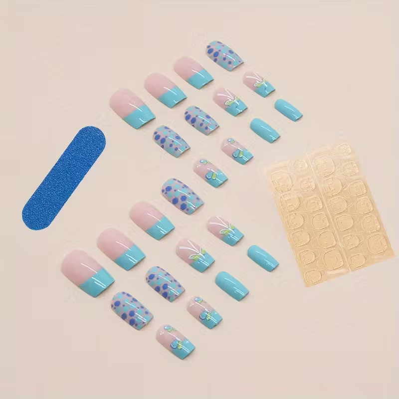 Blue-Green Butterfly Nail Art European Square Medium-Long False Nails Lake Green