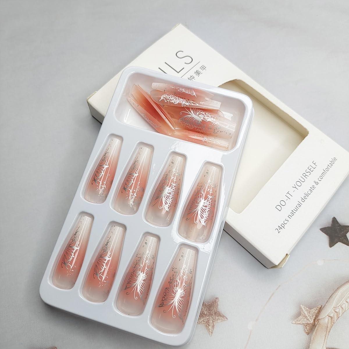 Butterfly Stars Press on Nails Long Coffin -24Pcs Butterfly Stars Fake Nails …