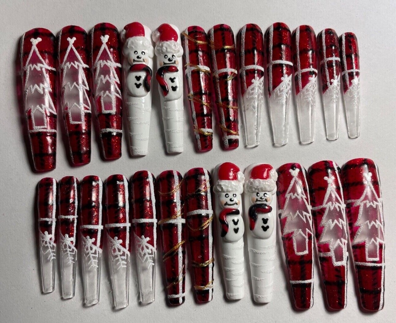 press on nails custom 24 3XL Christmas tree snowman 3-D coffin plaid red sparkle