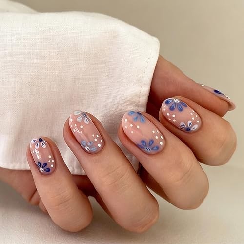 Oval Press on Nails – Blue Flower Fake Acrylic Nails Round – 0173e Blue