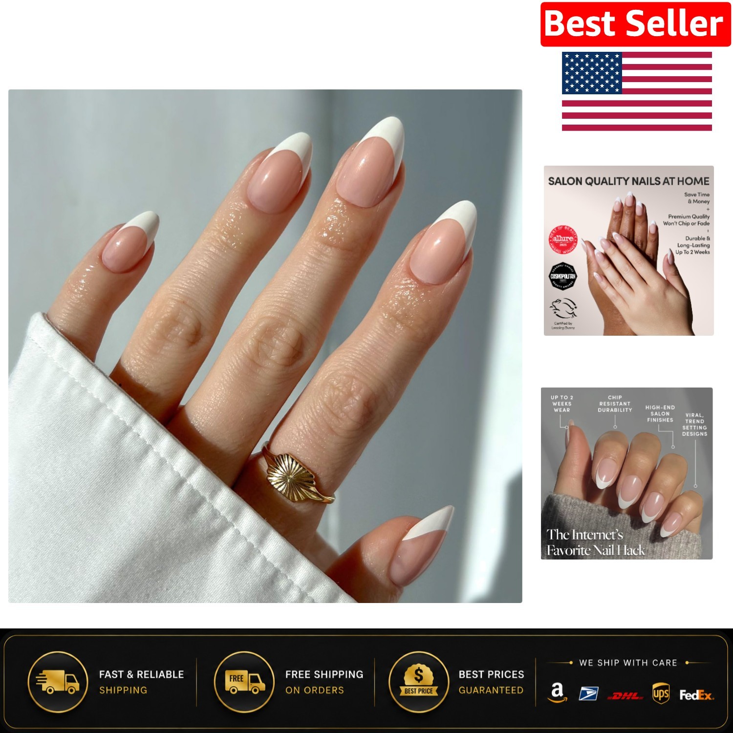 24 Pc Short Almond Glossy Fake Nails with UV Finish | Custom Salon Style