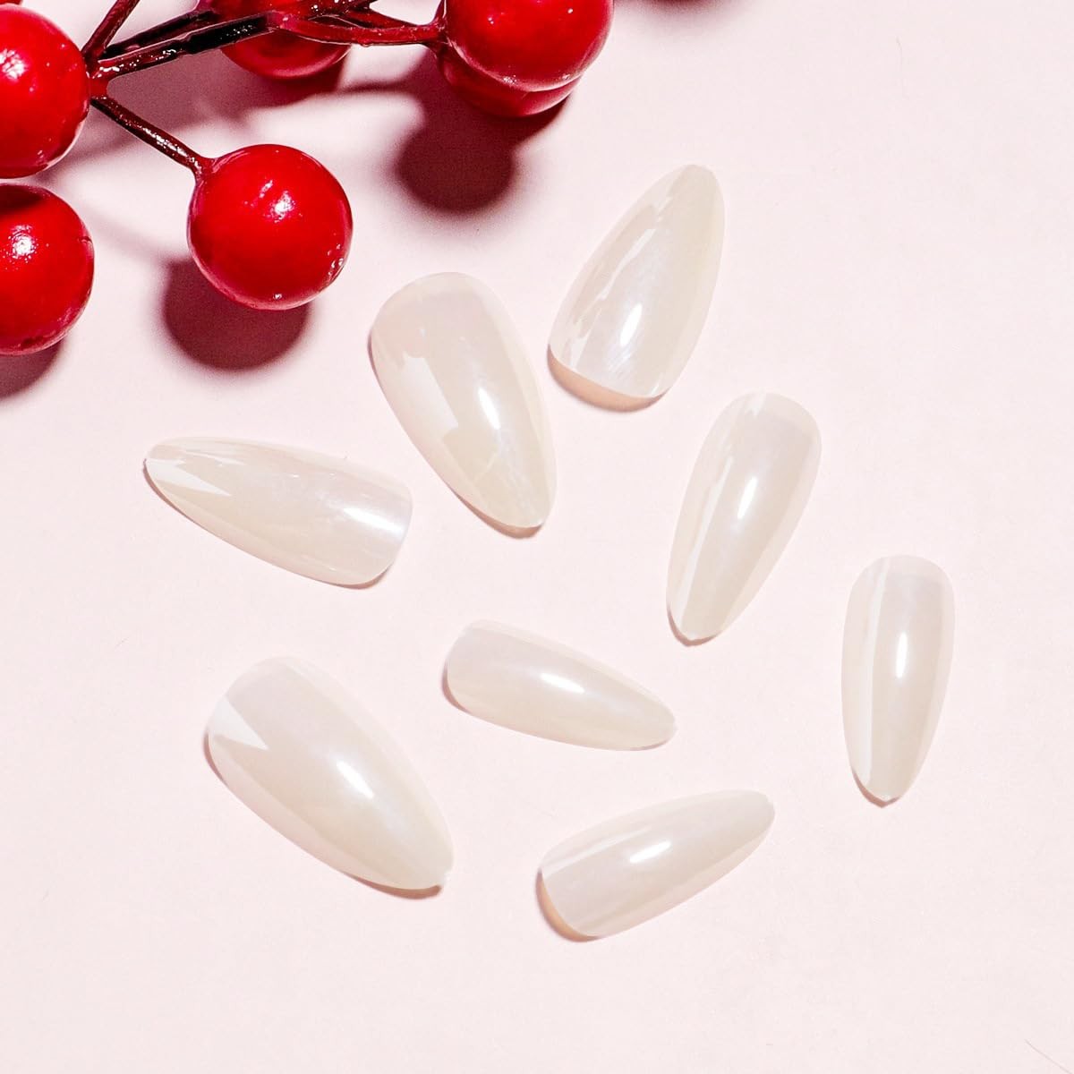 White Chrome Press on Nails Medium Almond Fake Mirror Medium, Style-18