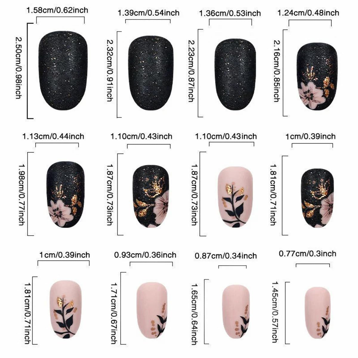 Short Press on Nails Almond Fake Nails with Flower Leaves Design Matte Black Nud