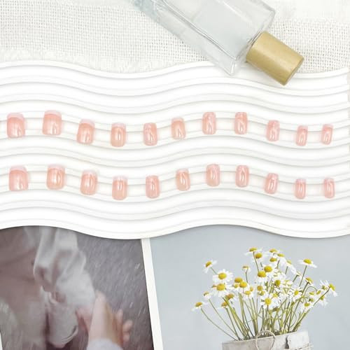 French Tip Fake Nails Square Short Press on Nails with Designs 0F-White Flower