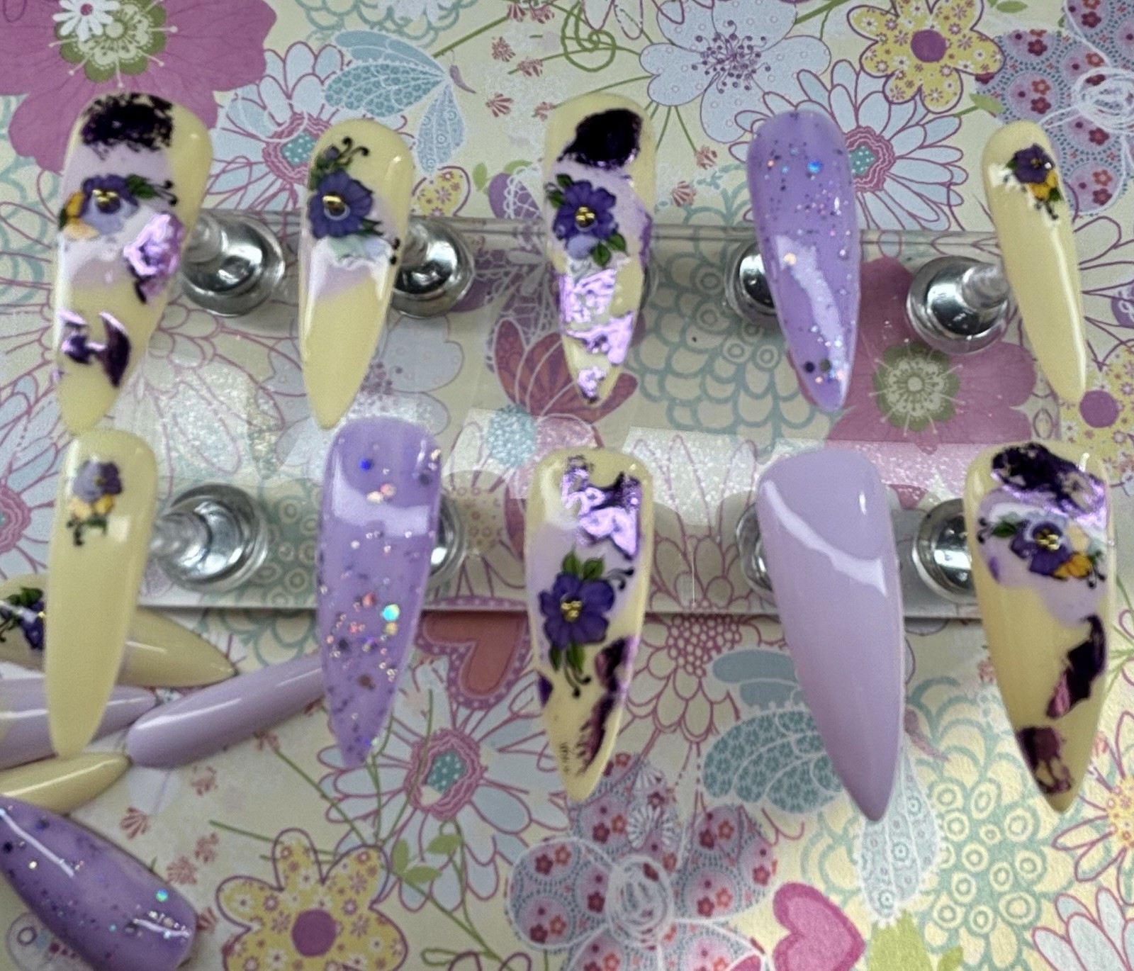 20 piece set handmade press on nails. Yellow purple floral med/short Stiletto
