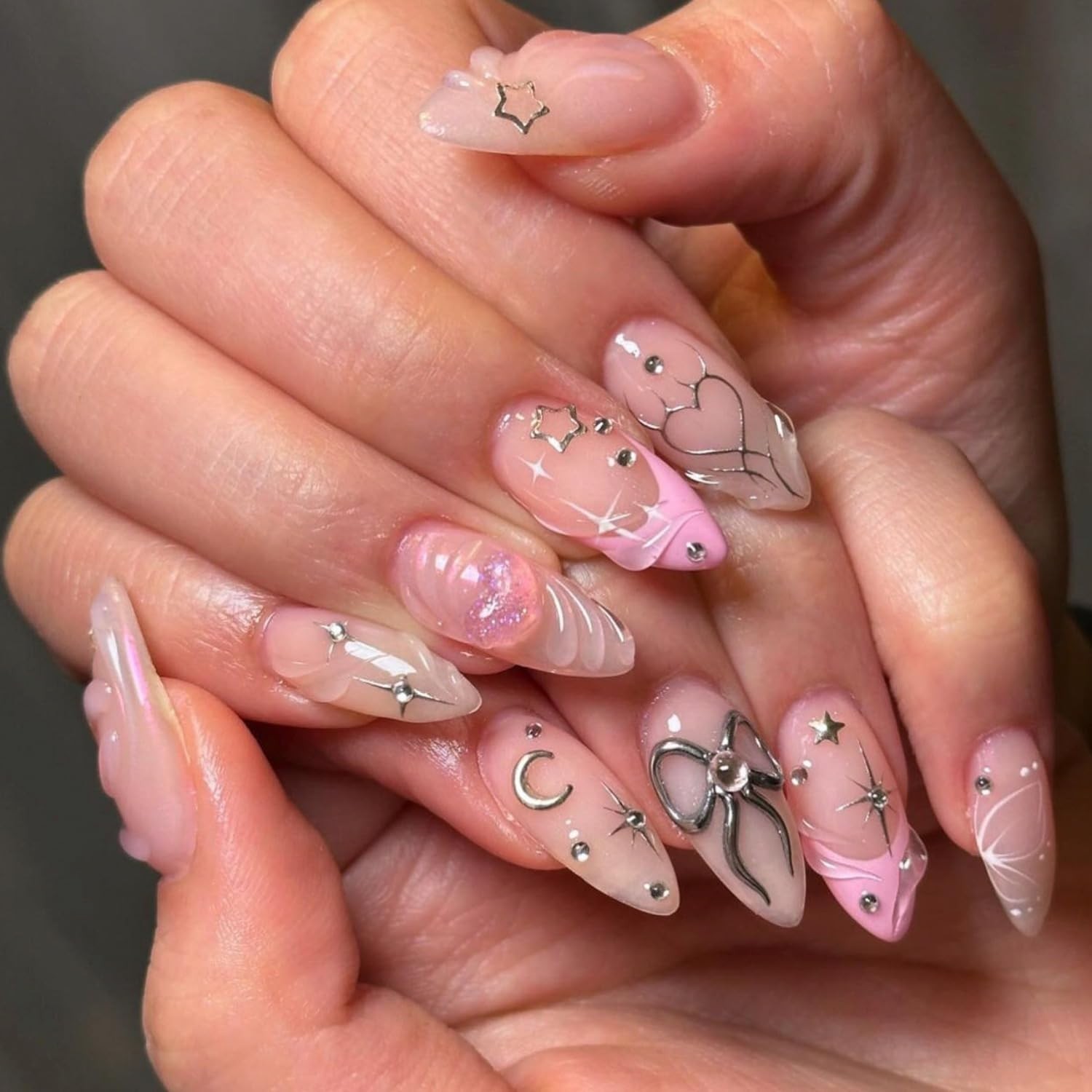 3D Press on Nails French Tip Fake Nails with Designs Glossy Butterfly False N…