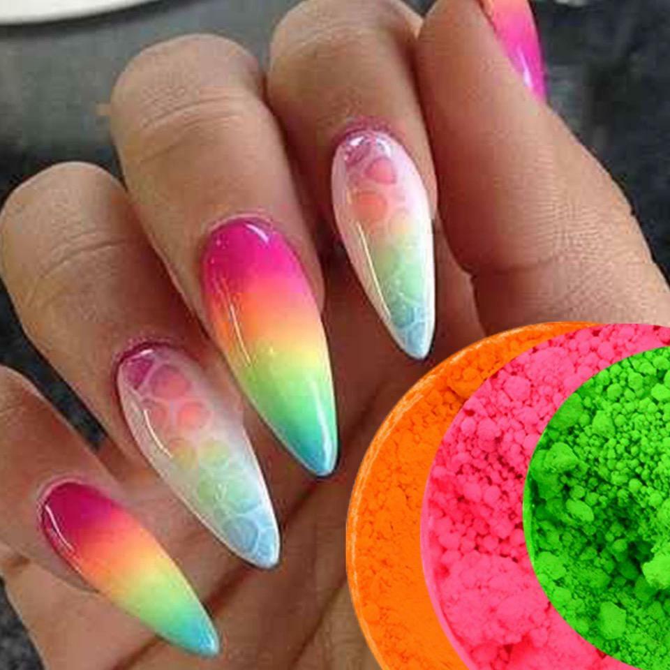 15 COLOURS NEON PIGMENT NAILS POWDER DUST OMBRE PHOSPHOR FLUORESCENT GLOWING UK