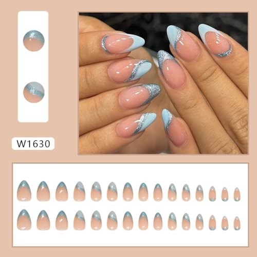Light Blue French Tip Press on Nails – Medium Almond – QUNQINLI Fake Design AB2