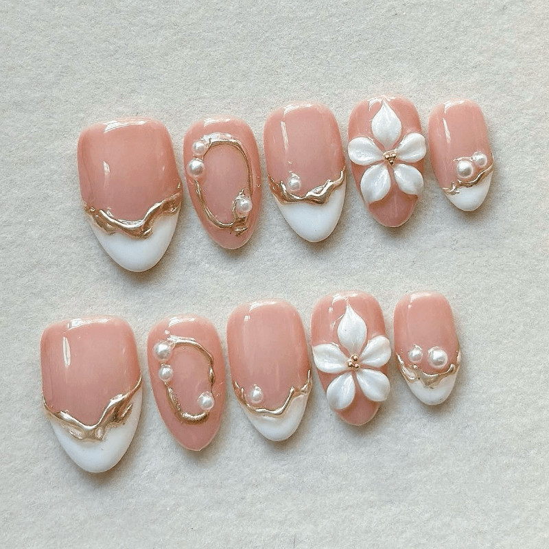 30pcs-Nude White Almond Press on Nails French Tip 3D Flower Pearl Gold Accents
