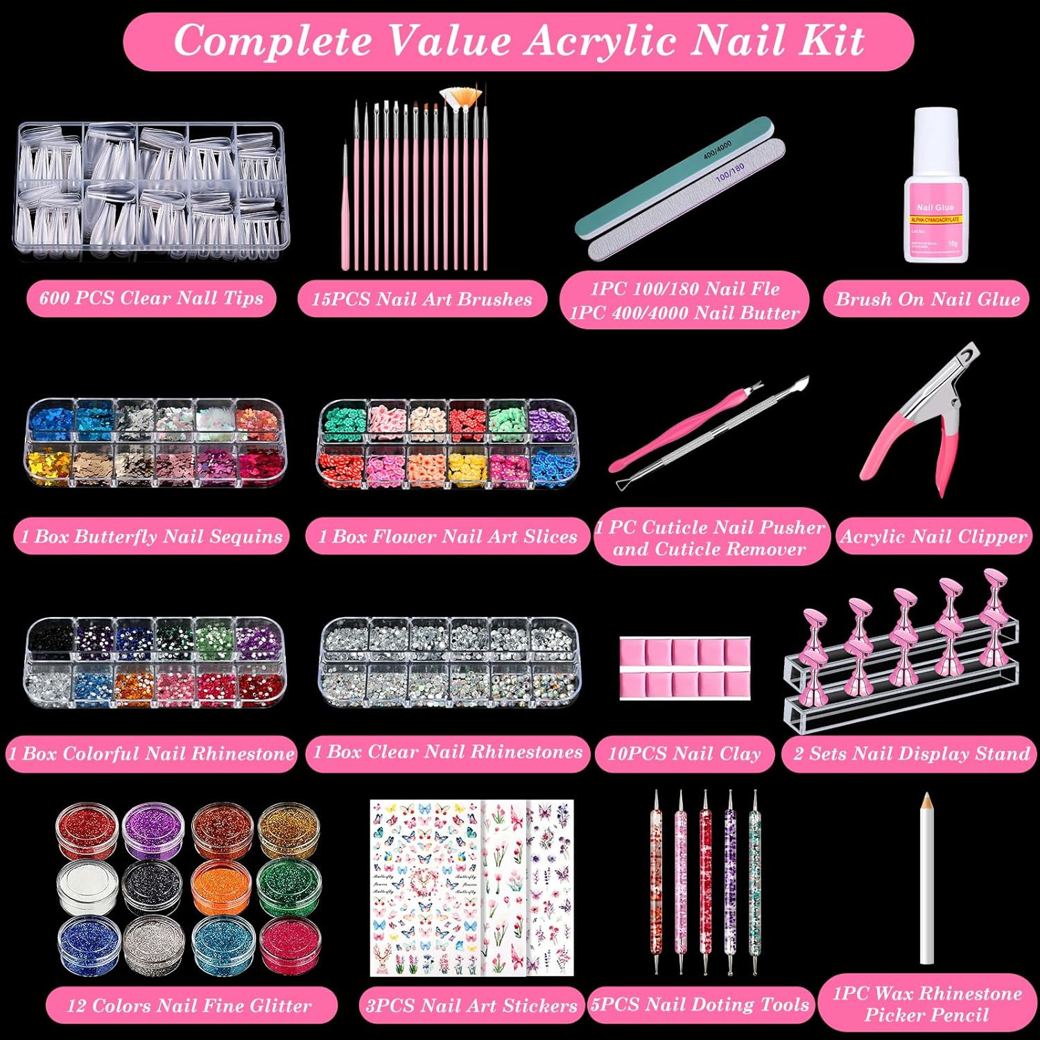 Acrylic Nails Kit Press on Nail Kit with Clear Coffin Nail Tips Nail Display St