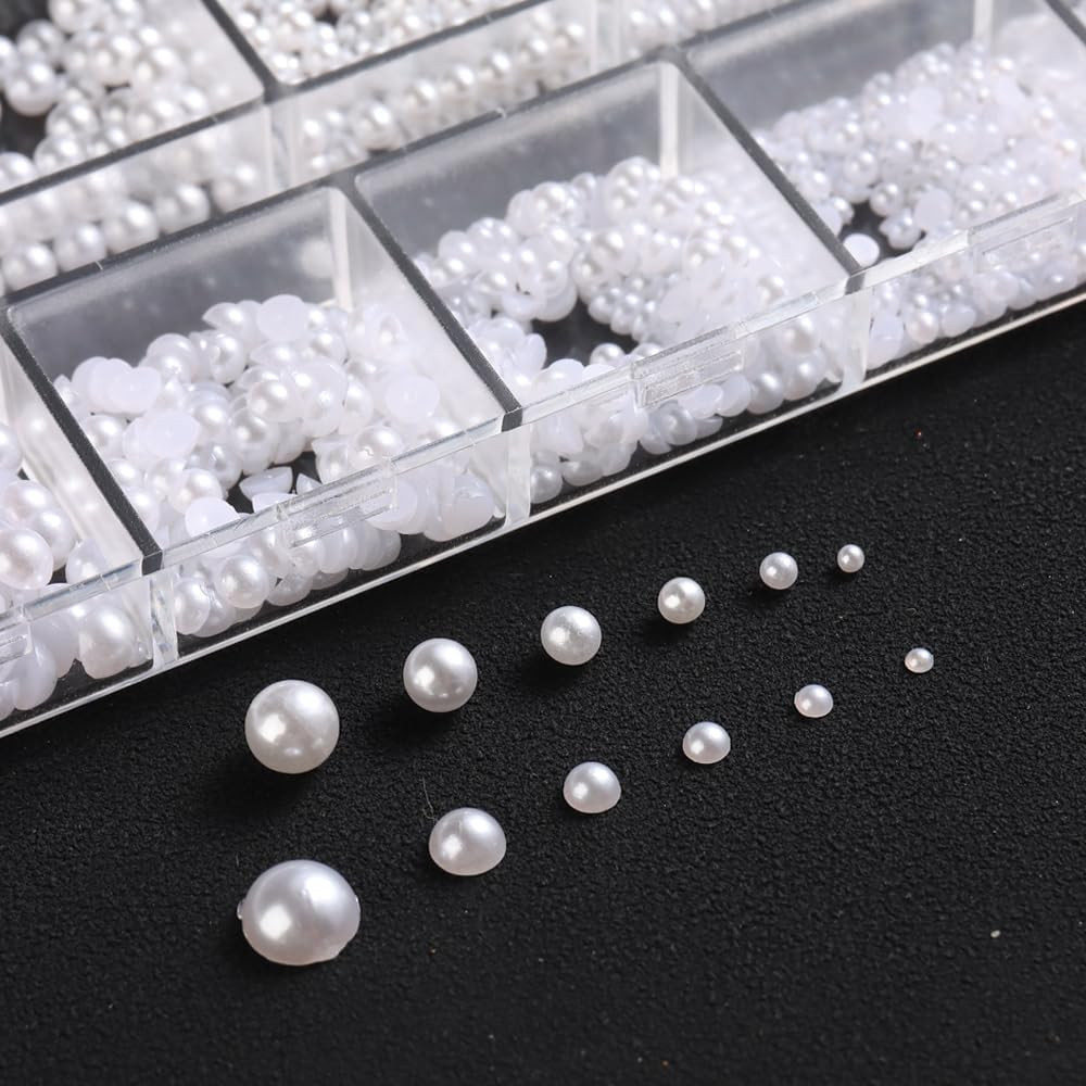 Multi Sizes round and Half round Pearls 3D Nail Charms, White Flatback Pearls Na