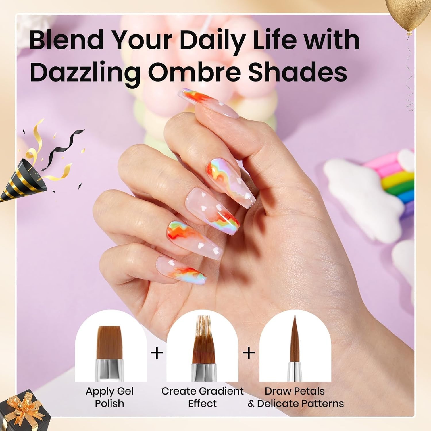 Luxury 8 Piece Nail Art Brushes with Stickers and Pearls for Home Salon