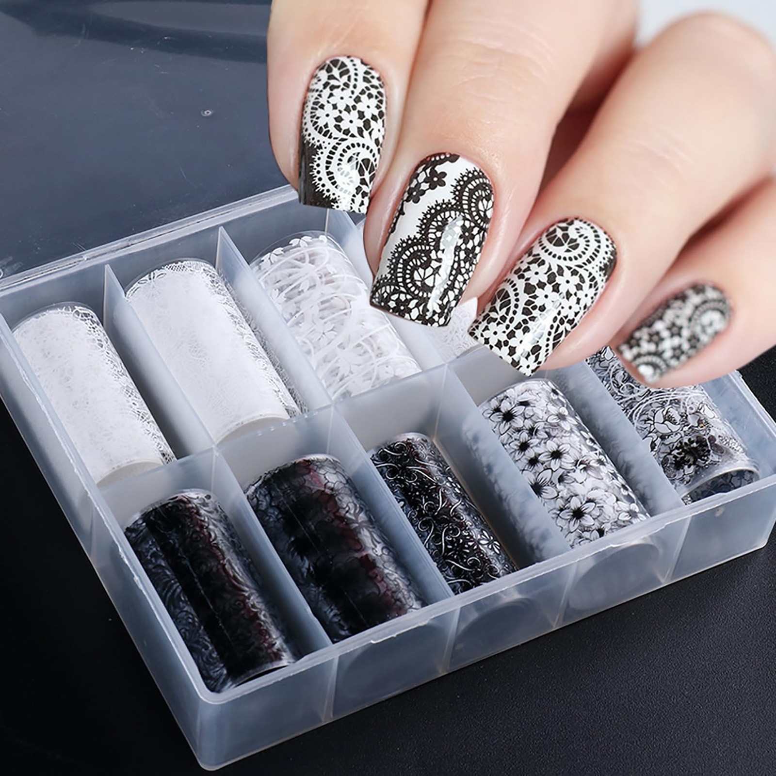10 Rolls Lace Nail Art Foil Transfer Black White Flower Foil Transfers Decals