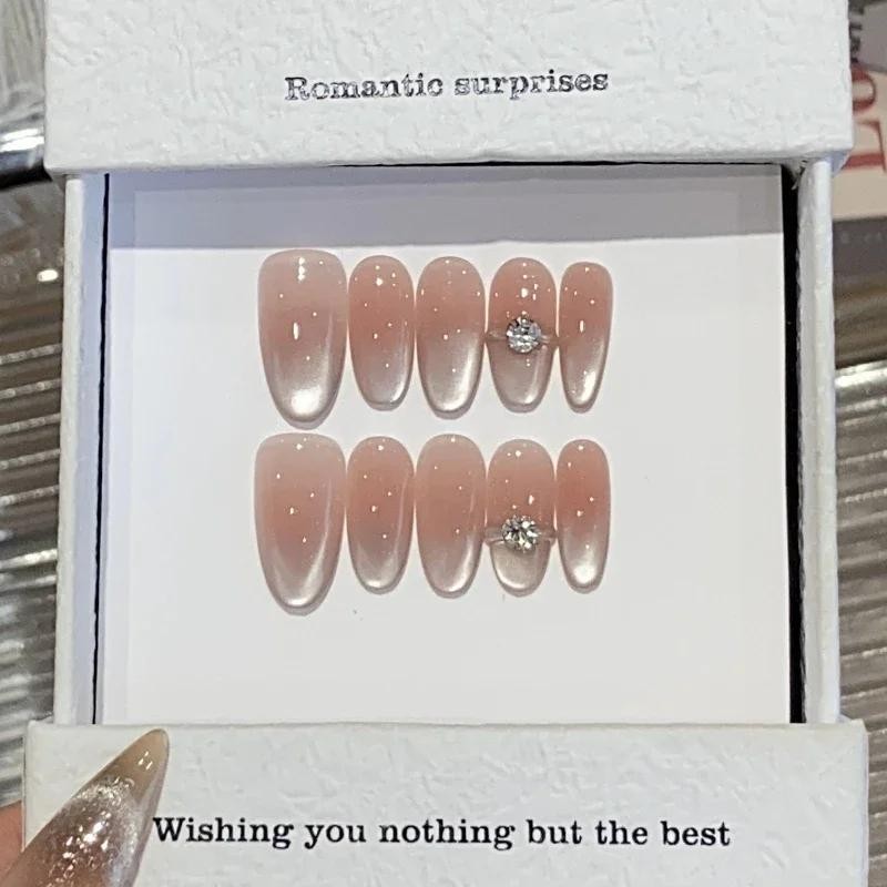 10pcs Cat Eye French Short Almond Handmade Fake Nails with Diamond Decoration De
