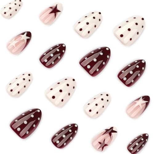 Short Almond Press on Nails – Polka Dot Fake Nails Press ons with Star Style-23
