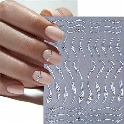 French Line Nail Art Stickers 3D Embossed Diamond Nail silver diamond swirl
