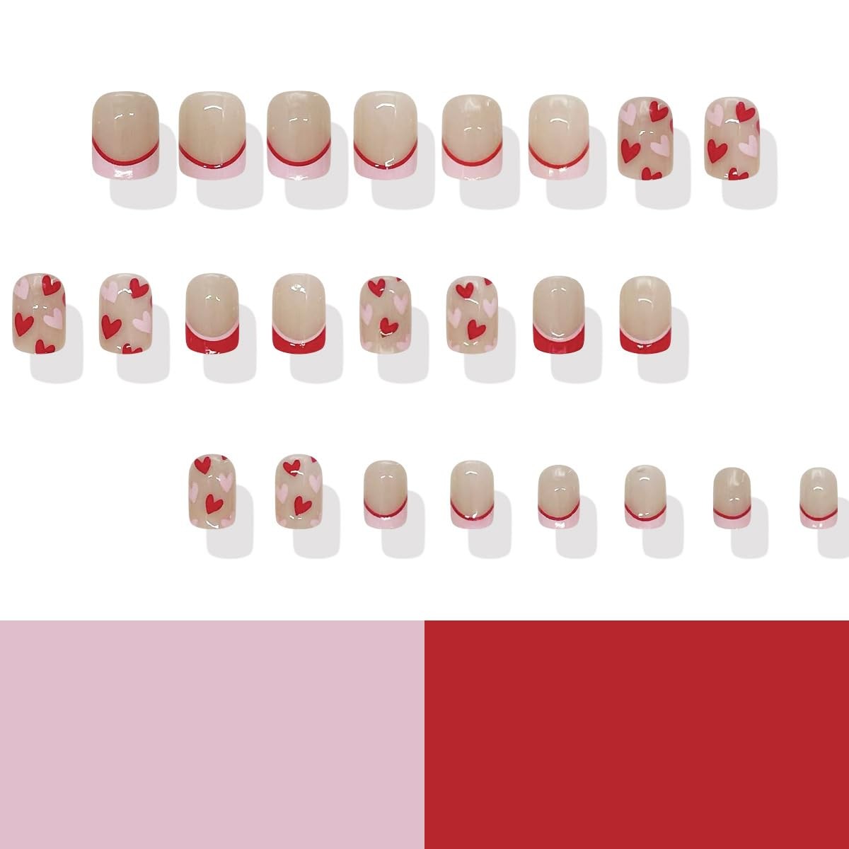 Heart Press on Nails Short Square Fake Nails Pink French Tip False Nails Cute…