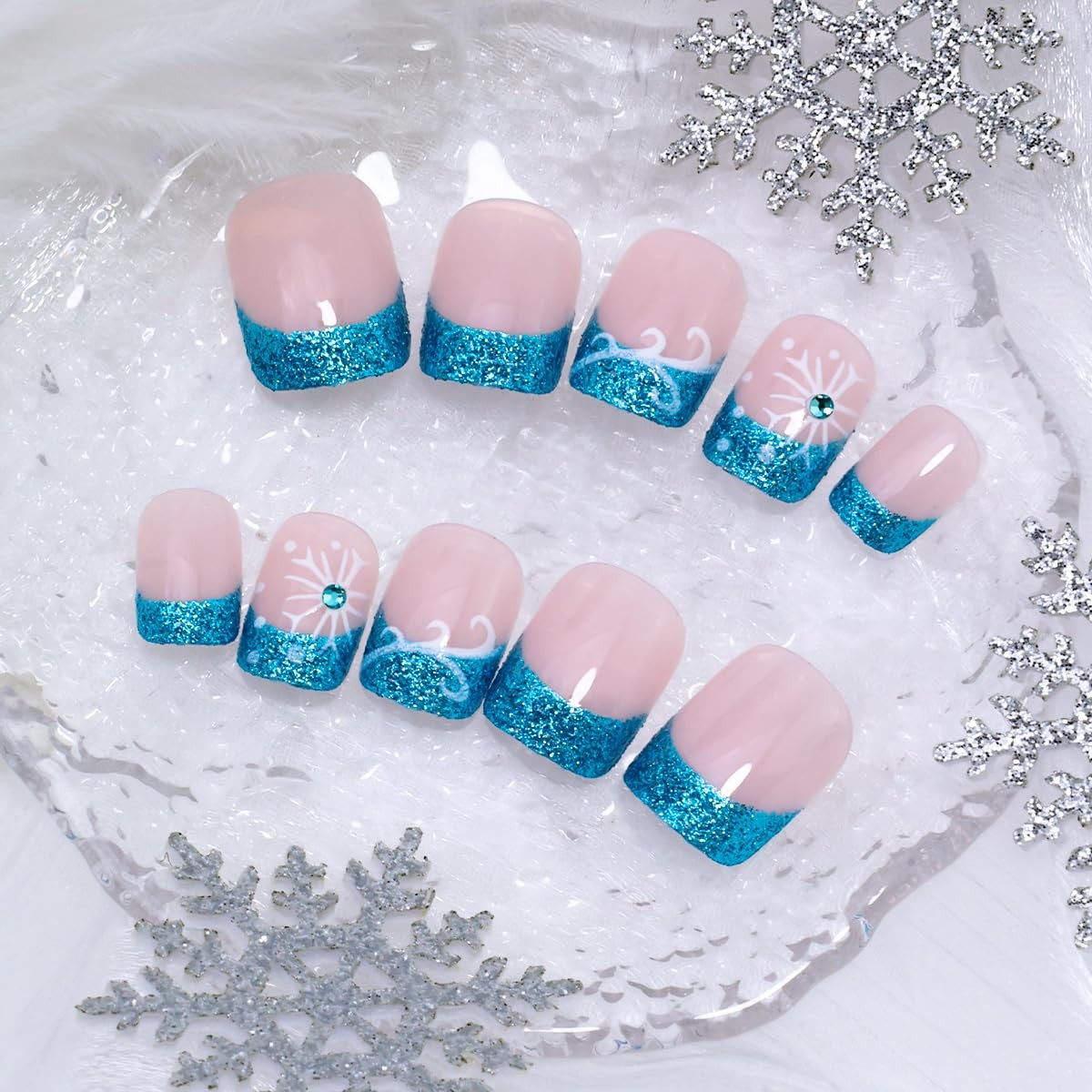 24Pcs Christmas Press on Nails Short Square BMKKOT Winter Fake Multicolor