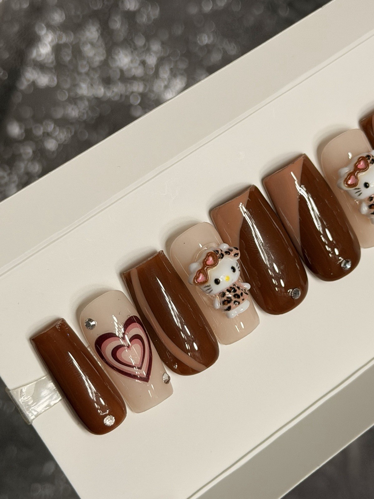✨ CUSTOM Press On Nails Brown Nude HELLO KITTY BLING 10p SET W Kit