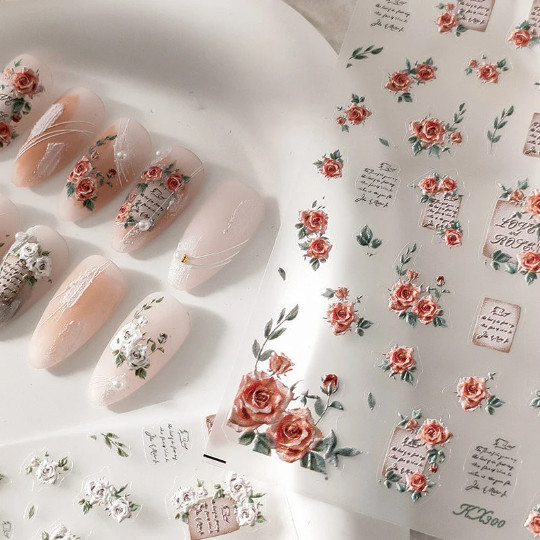 5D Red Rose Nail Art Stickers, Flowers Nails Decals, White Rose Nail Stickers (8