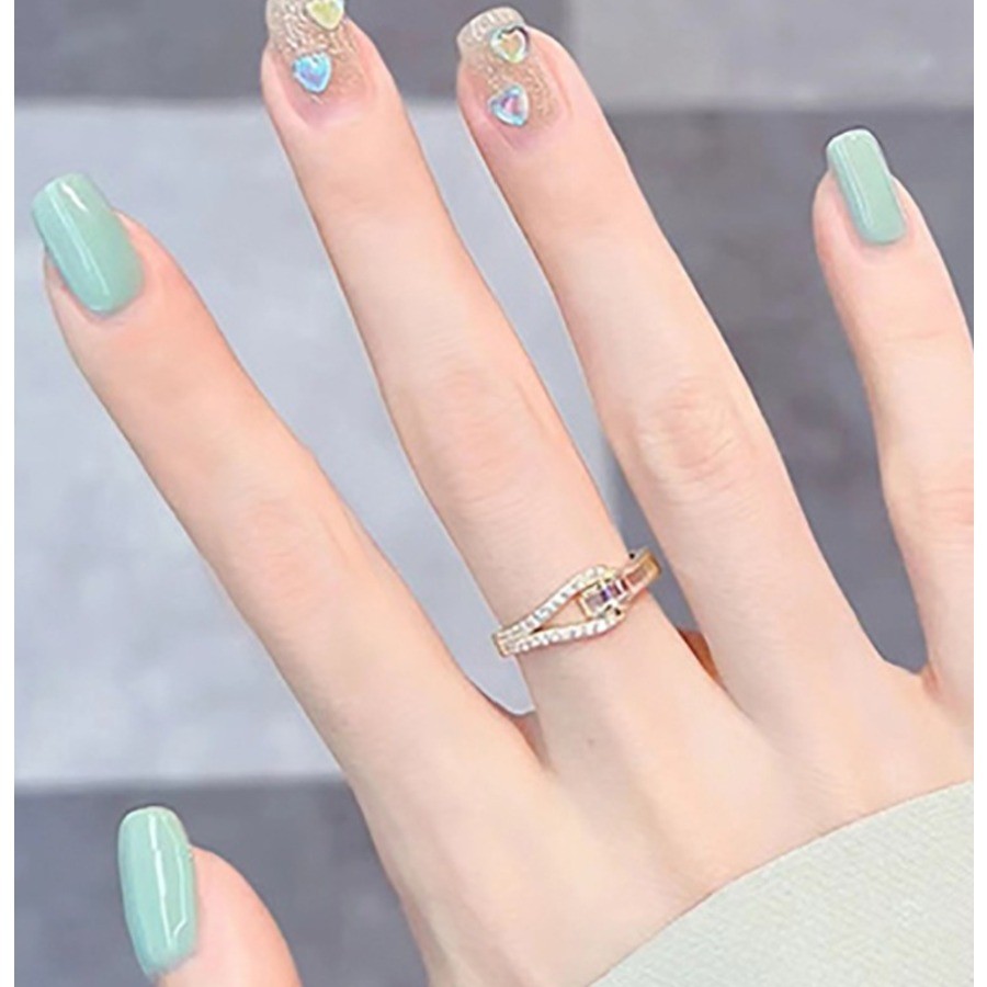 48Pcs Short Square Press on Nails, Mint Green Nails with Heart Rhinestone Decor
