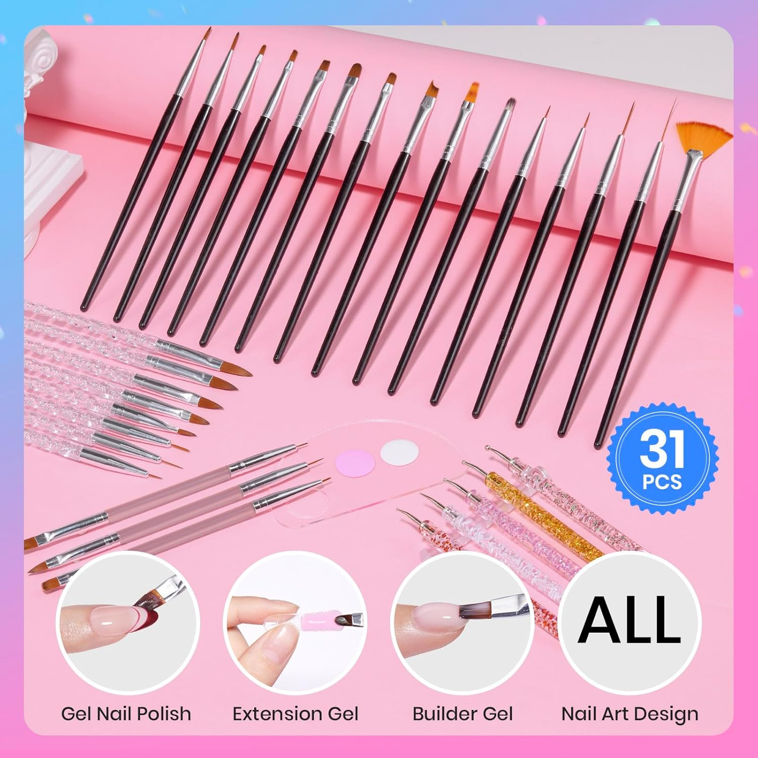 Beetles 31Pcs Nail Art Brushes, Dotting Tools, Nail Art Pens, Dust Brush, Stripi