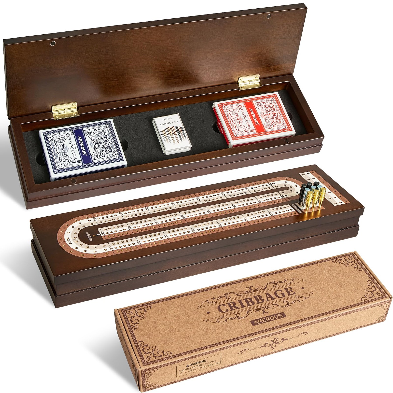 AMEROUS Wooden Cribbage Board 4 x 14.7 x 0.1 inches, Chrome, Brass, Black