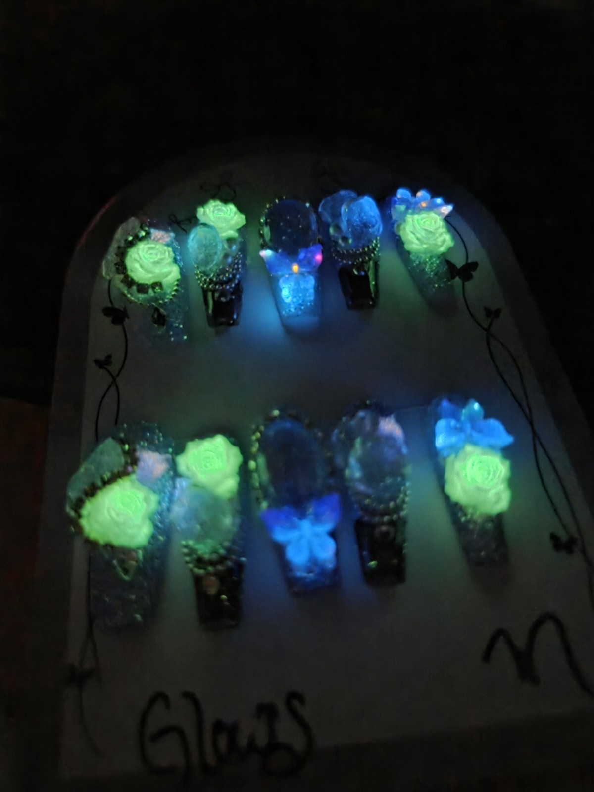 Press On Nails Blue Purple Medium Short Coffin Water Aqua Nails, GLOW N DARK