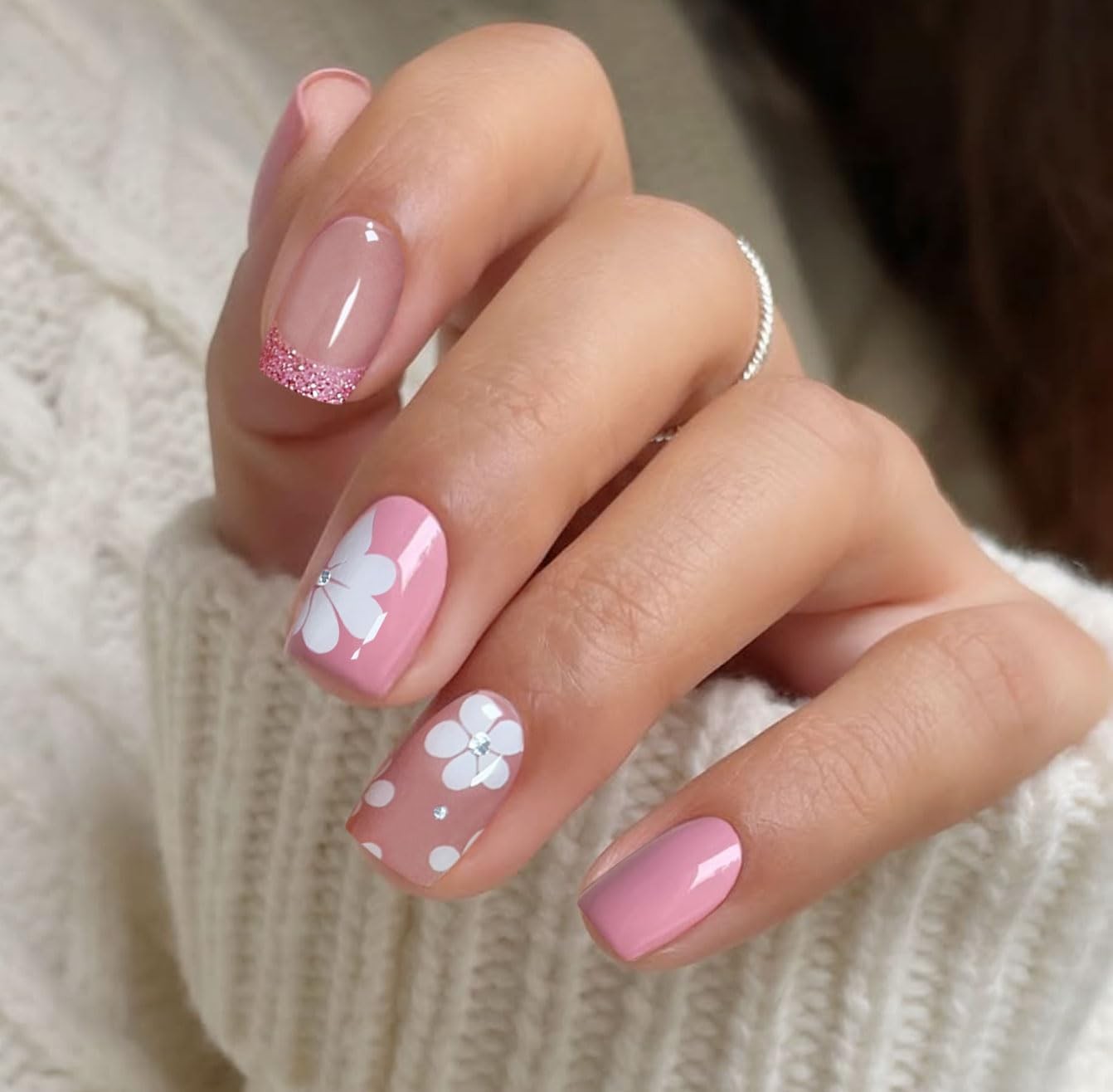 Gel Nail Stickers French Tip Pink White Flower Semi Cured Gel Nail Strips