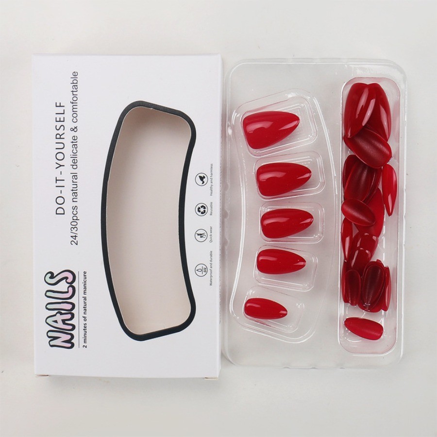 60pcs-Simple Red Press on Nails, Solid Color Glossy Almond Nails, Timeless Style