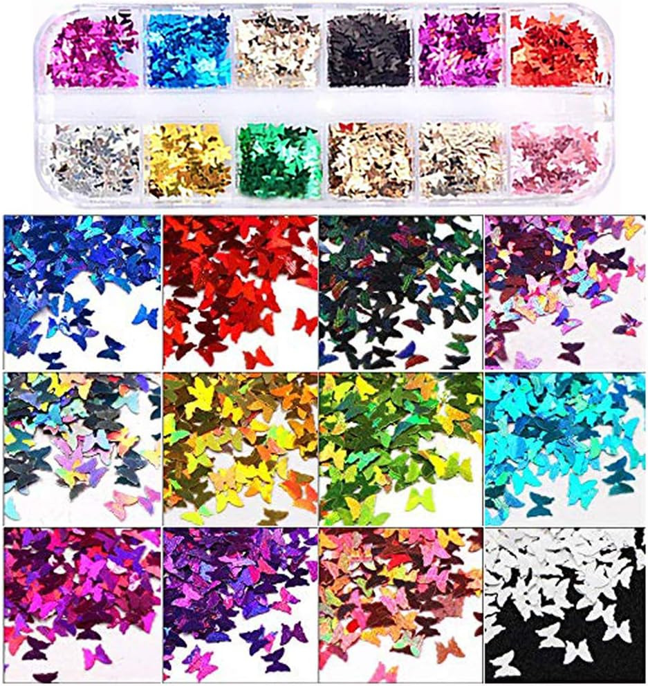 12 Colors Butterfly Glitter Nail Sequins – 3D Nail Art Flakes Colorful Confetti