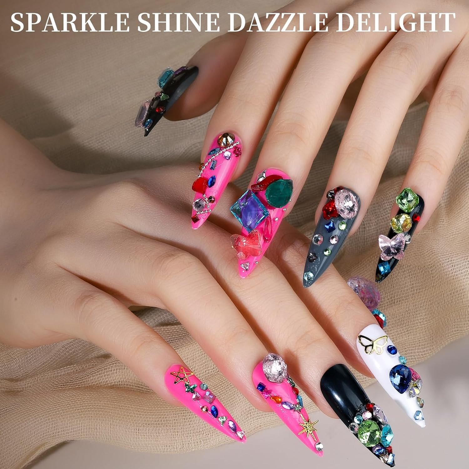 Nail Gems, 3-Box Colorful Nail Rhinestones Nail Charms and Gems, 3D Rainbow Crys