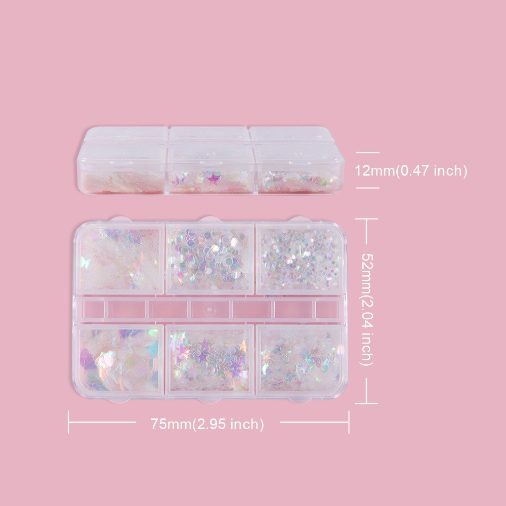 6 Grids Nail Art Glitter Sequins Star Moon Heart Butterfly DIY Nails Decoration