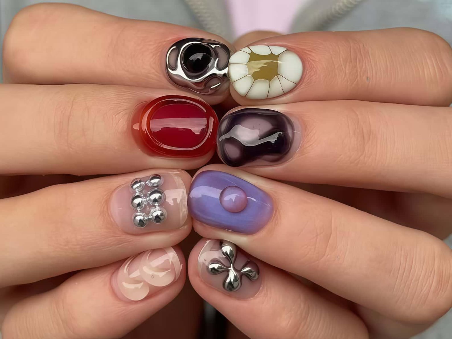 Handmade 3D Jelly Color Metal Bead Short Square Press on Nails