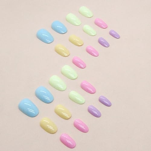 Short Almond Press on Nails， Short Fake Nails with Cute Multi -Color Rainbow